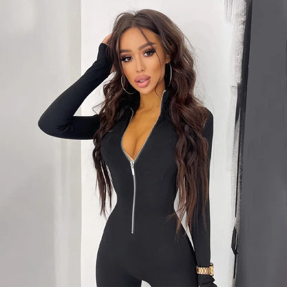 Y2K Half Zip High Neck Jumpsuit, Long Sleeve Bodycon Stretch Skinny One Piece Pants