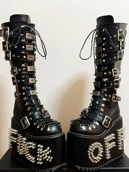 Women Motorcycle Boots women super high thick Heels pumps Cool Lady knight customized boots girl punk Gothic long boots rivets