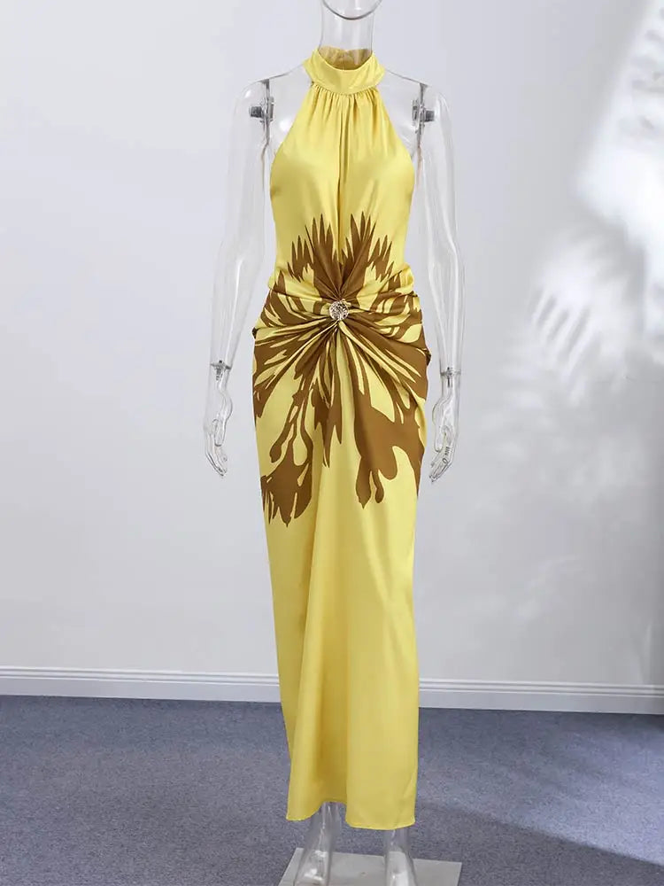 2026 Summer Sexy Print Long Women Dress Fashion Backless Sleeveless Halter Pleated Female Dresses Beach Vacation Lady...