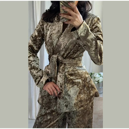 Fashion Velvet Print Lapel Belt Suit Pant Set Women Solid Lace Up Full Sleeve Blazer Wide Leg Cuffed Pants 2025 Autumn Lady Sets