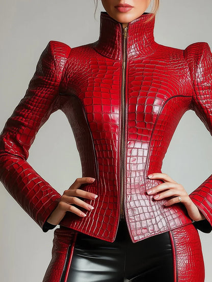 PU Leather Alligator Pattern Long Sleeve Zipper Jacket Turtleneck Slim Puff Sleeve High Street Gothic Vintage Outerwear Coat