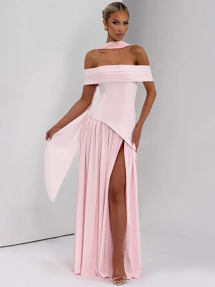 Mozision Off-shoulder Backless Sexy Maxi Dress Women Fashion Strapless Sleeveless Pleated Thigh High Split Club Party Long Dress