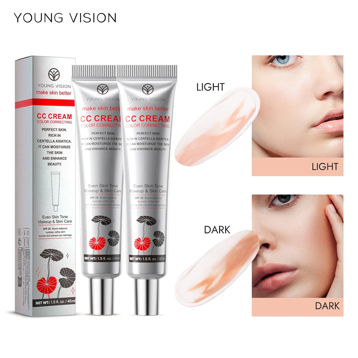 YOUNG VISION 2 Color Brightening CC Cream with Drop Puff for easy use as a makeup base and barrier cream.