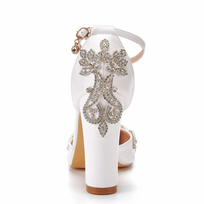 Summer Brand Women Sandals Party Flower Rhinestone Cover Heel 10.5 CM Square Heel Lady Wedding Hot Sale Lovely Women Shoe - Kimlud