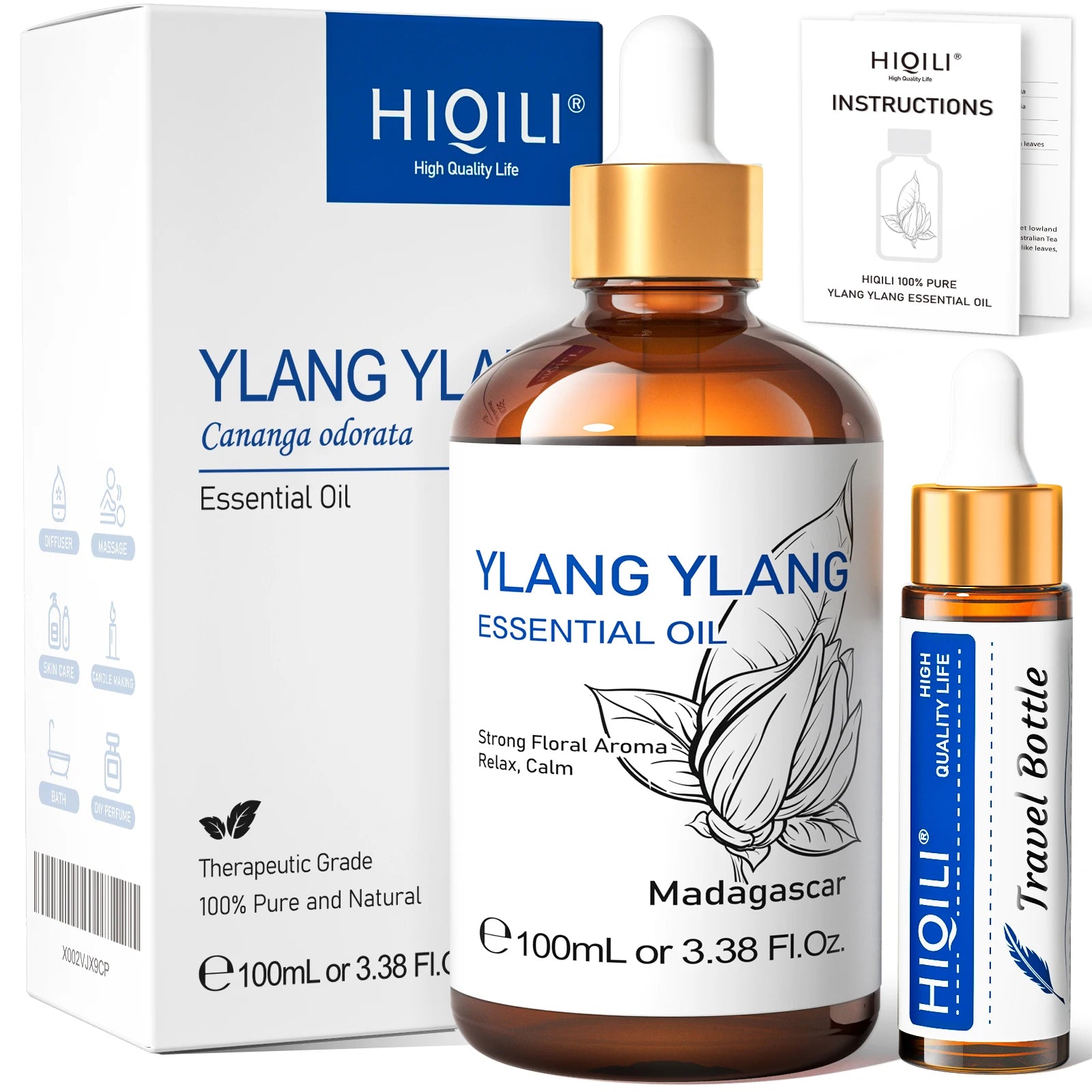 HIQILI Ylang-Ylang Essential Oil 100ML Citronella Geranium 100% Natural Tree Oil for Skin Massage Stress Relief & Aromatherapy
