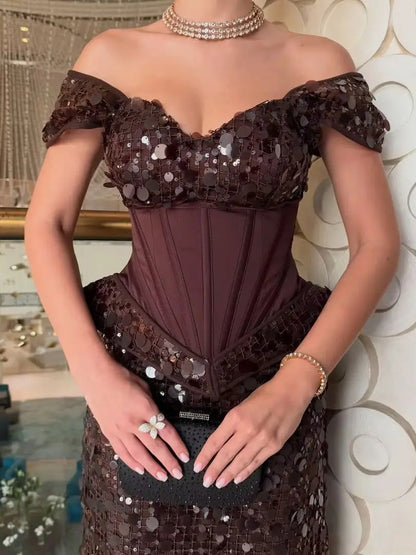 Ofherown Brown Sequin Cocktail Dress Off Shoulder Corset Peplum Paillette Knee Length Party Evening Gown Custom Made