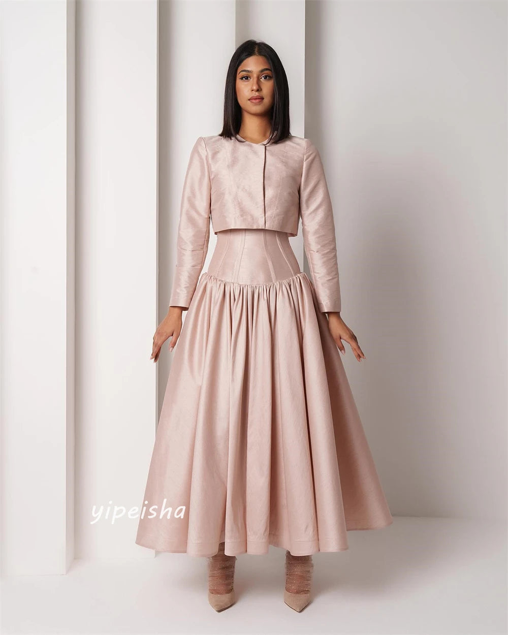 Customized Jiayigong s Draped Wedding Party A-line O-Neck Bespoke Occasion Gown Midi es | Kimlud Luxury Dress