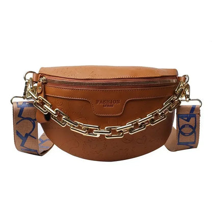 Cartoon Pattern empaistic PU Leather Fanny Pack For Women Luxury Chain Waist Bag Female Cute Waist Pack Wide Strap Crossbody Bag