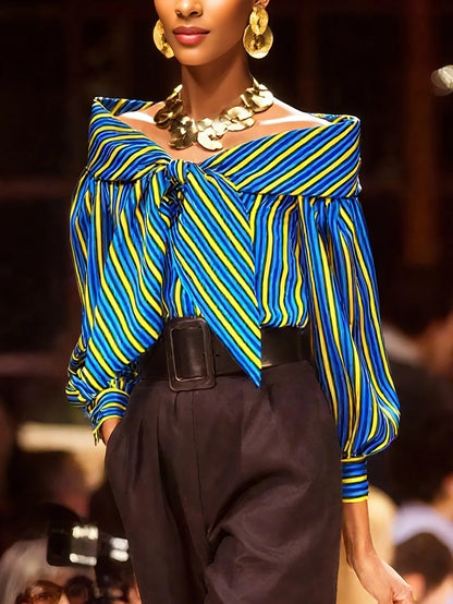 Women Striped Off Shoulder Blouse Front Knot Lantern Long Sleeve Elegant Party Clubwear Vintage Shirt Tops Runway Style