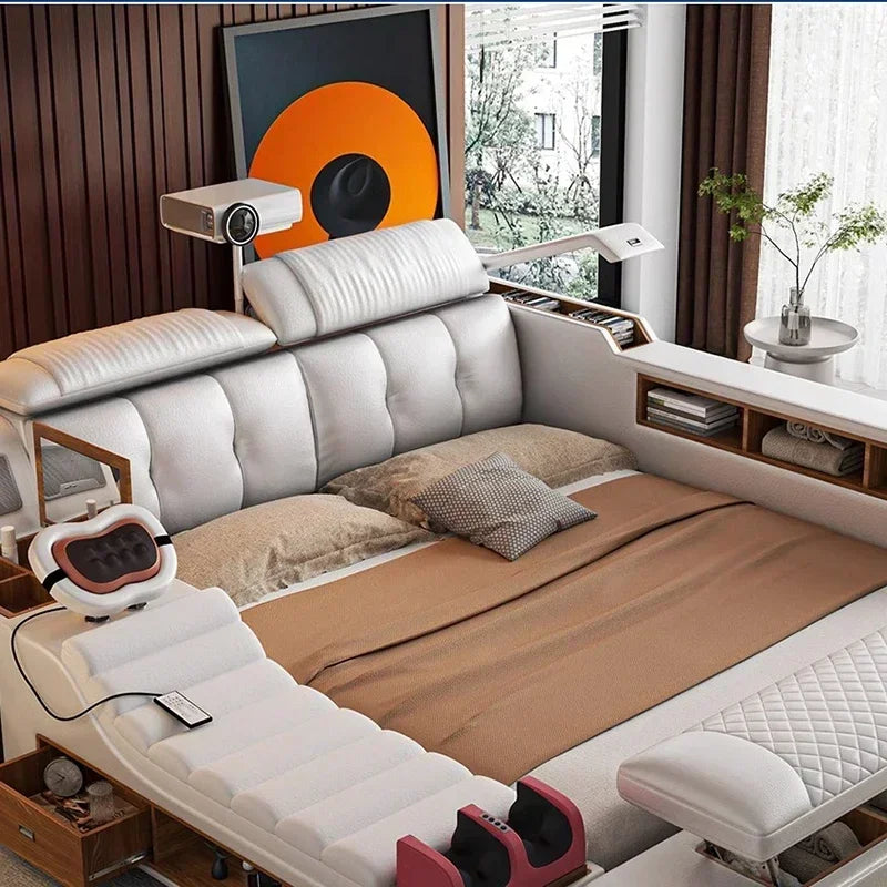 Modern Double Bed Girls Design Smart Bedroom Queen King Size Bed Beauty Sleeping Princess Leather Cama Lounge Suite Furniture - Kimlud