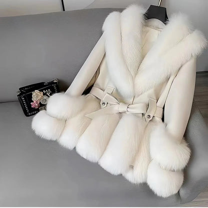Faux Fur Coat for Women,Adjustable Waist Leather Jacket,Turn-down Collar, Thick Warm Clothes, High Quality, Autumn and Winter