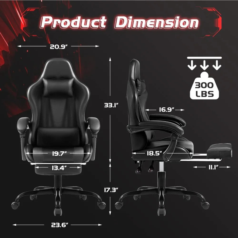 Ergonomic Massage Lumbar Support Gaming Chair with Footrest, 360° Swivel and Height Adjustable Seat for Comfortable Computing