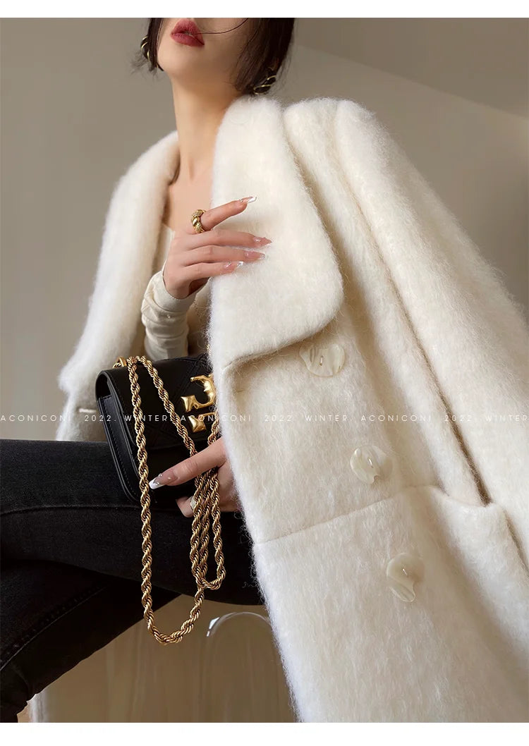 Lautaro Winter Long Vintage White Thick Warm Fluffy Wool Blends Coat Women Double Breasted Elegant Luxury Designer...