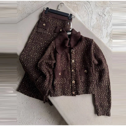 Fashion Knitted Long Skirts Sets Women Lapel Full Sleeve Single Breasted Sweater Hip Package Slim Skirt 2026 Spring Lady Outfits