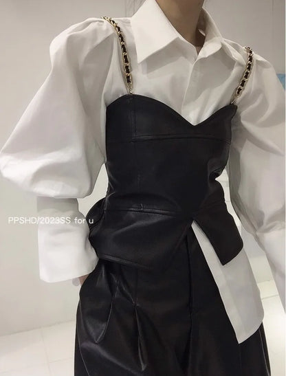 Spring Loose Bubble Sleeved Shirt Y2k White Shirts Women Chain PU Leather Vest Top Blusas Mujer De Moda 2024 Casual 2 Sets - Kimlud