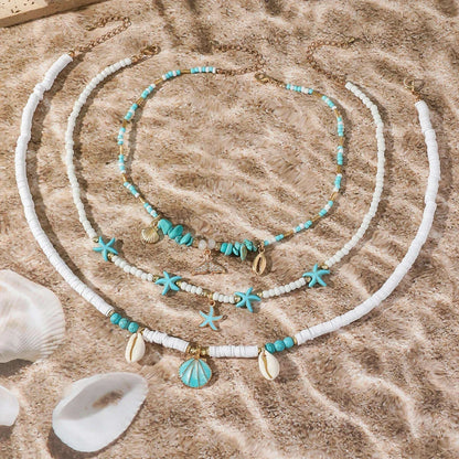 Bohemain Vintage Shell Starfish Multi Layered Necklace for Women Ethnic Handmade Fish Tail Beads Necklace Summer Jewelry Gifts