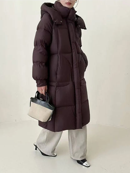 Hirsionsan Winter Long Solid Hooded Puffer Clothing Women Loose Casual White Duck Down Jackets Retro Streetwear Simple Warm Coat