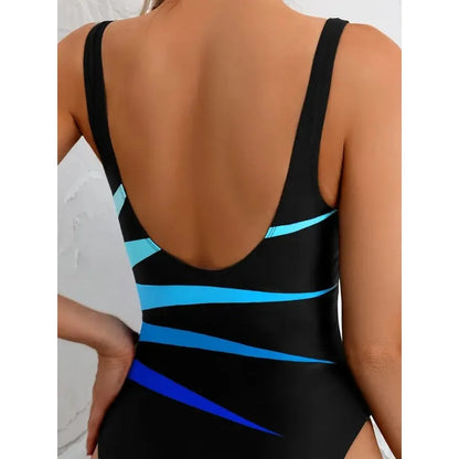 2026 Summer Sexy Backless Slim Triangle One Piece Swimsuit Women's Fashion Contrast Color Striped Sports Swimwear with Chest Pad - Kimlud