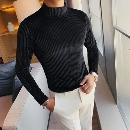 New Gold Velvet T Shirt Men Clothing Fashion Trend Male Luxury Prom Party Long-sleeved Striped Pullover Tops Homme - Kimlud