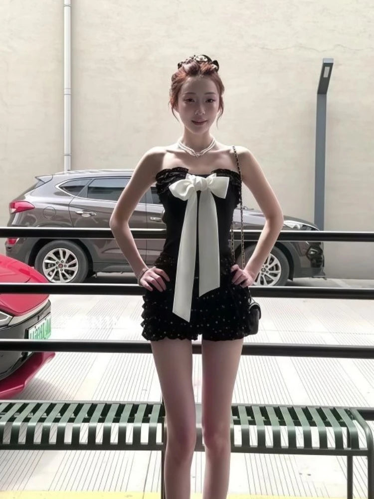 New Summer Sexy Bow Elegant 2 Piece Set Women Y2k Vintage Strapless Tops + Mini Skirt Harajuku Fashion Female Party Chic...