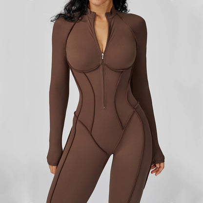 Women Yoga Bodysuit Long Sleeved Tracksuits Gym Zipper Jumpsuits Sports One Piece Workout Bodycon Jumpsuits Tights Suit - Kimlud