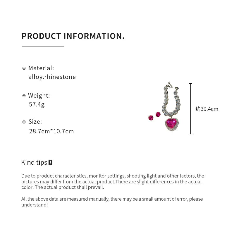Rose Red Heart Crystal Earring Necklace Set Fashion Exaggerated Collarbone Chain Luxury Jewelry