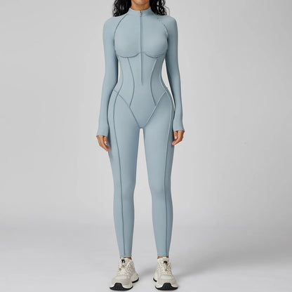 Sexy Rompers Workout Zipper Jumpsuit Long Sleeve Sports Bodysuits Women Gym Running Fitness Suits One-piece Tracksuit Sportswear - Kimlud
