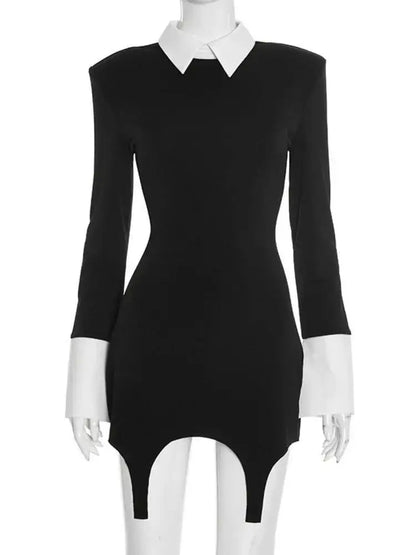 Blifanbo Polo Collar Elegant Sexy Mini Dress Women Gown Autumn Winter Irregular Long Sleeve Patchwork Club Party Dress Female