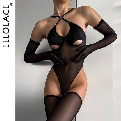 Ellolace Sissy Hot Lingerie Seductive Halter Sheer Body Attractive Hollow Bodysuit Erotic Sexy Open Crotch Porn Party Dancer Kit