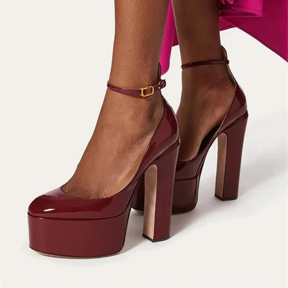 Women New European And American Style Super High Heels Patent Leather Round Toe Thick Sole Large Size Thick Heel Shoes