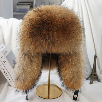 Fashion Winter Men's 100% Real Silver Fox Fur Bomber Hat Raccoon Fur Ushanka Cap Trapper Russian Man Ski Hats Caps Real Leather