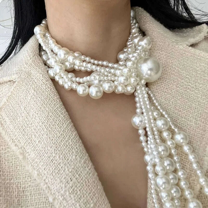 Elegant Multilayer Imitation Pearl Long  tassel knot Chain Necklace for Women Elegant Beads Choker Party  Jewelry