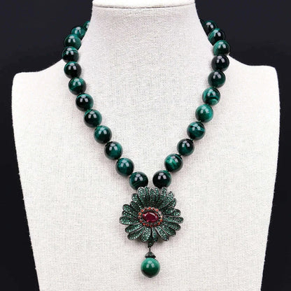G-G 18" Natural Round Green Tiger Eye Necklace CZ Pave Flower Crystal Pendant Lady Party Gifts