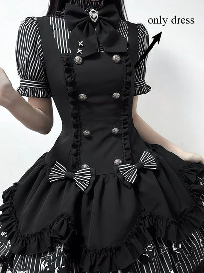 Gothic Striped Lolita Dress Set Women Puff Sleeve Stripe Blouse Suspender Dress Dark Sweet Bowknot Lace Layered Princess Outfit - Kimlud
