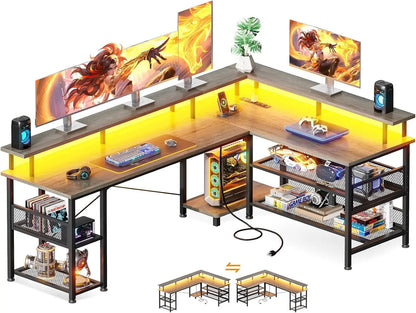 66" L Shaped Gaming Desk with Power Outlet and LED Lights, PC Gaming Table with Carbon Fiber Texture