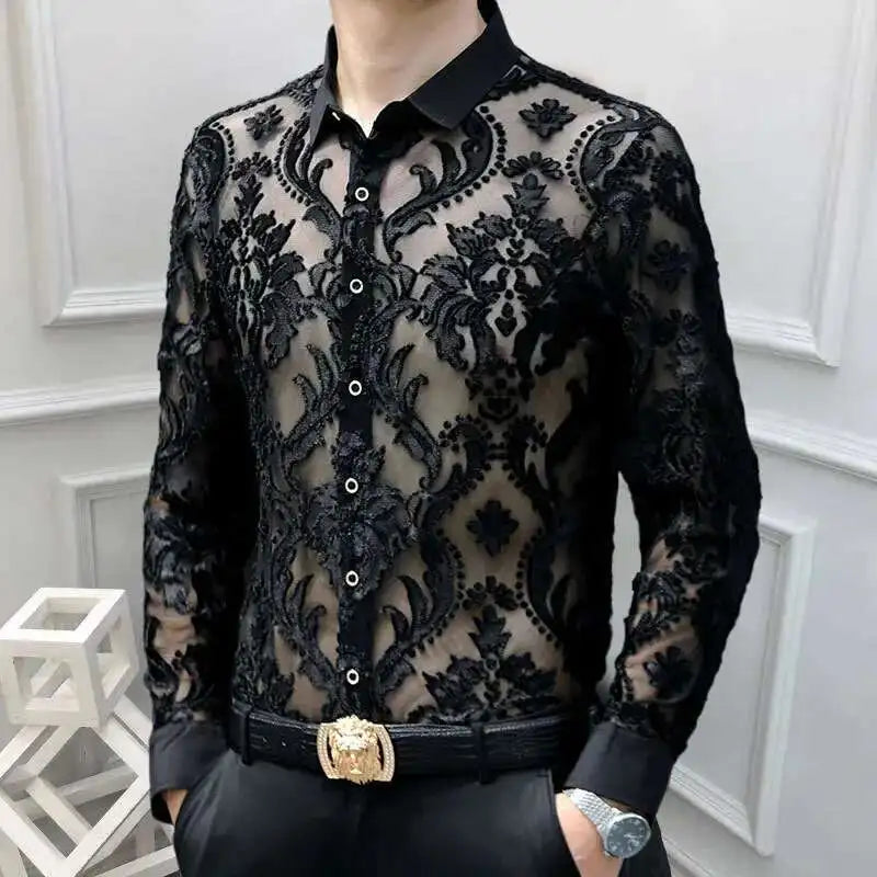3 Colours Soft Velvet Slim-fit Men Clothing Nightclub long sleeved Sexy Polo See Through High Quality Transparent Floral Polo - Kimlud