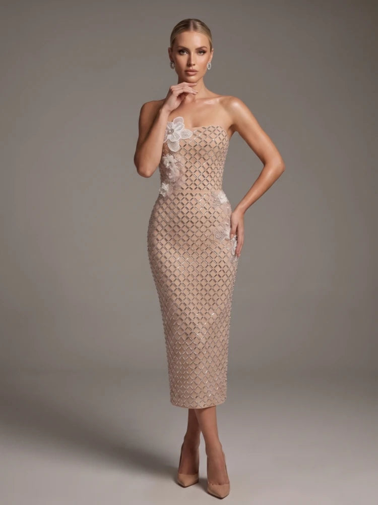 Sexy Strapless Luxury Diamonds Floral Sequined Midi Dress Women Apricot Sleeveless Backless Crystal Dresses Evening...