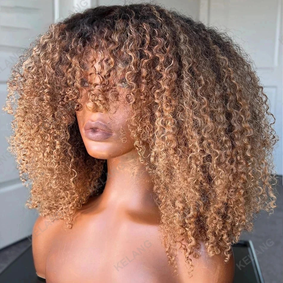 Afro kinky Curly Hair Wig Ombre blonde Brown 100% Human Hair wig Highlights Honey blonde 250% Density Glueless Wig With Bangs