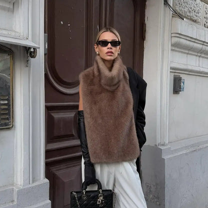 Women Luxury Brown Faux Fur Overcoat Casual Lapel Long Sleeve Fluffy Coat Winter Female Chic Thicken Warm High Street Outwear