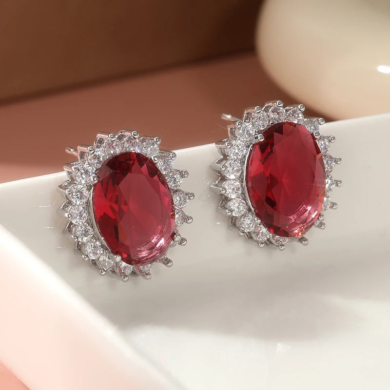 Delicate Silver Color Oval Inlaid Red White Cubic Zirconia Stud Earrings for Women Fashion Engagement Wedding Earrings...