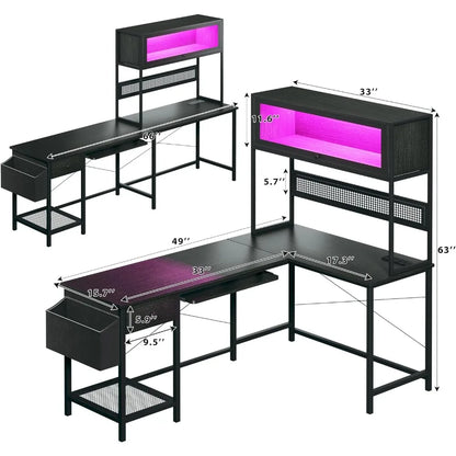 L Shaped Gaming Desk with Power Outlets & LED Lights, 49'' Reversible Computer Desk with Hutch & Pegboard & Display...