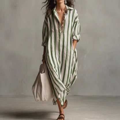 2026Spring Summer Casual Elegant Turn Down Collar Breathable Dress For Women Party Dress Boho Striped Printed Loose Beach - Kimlud