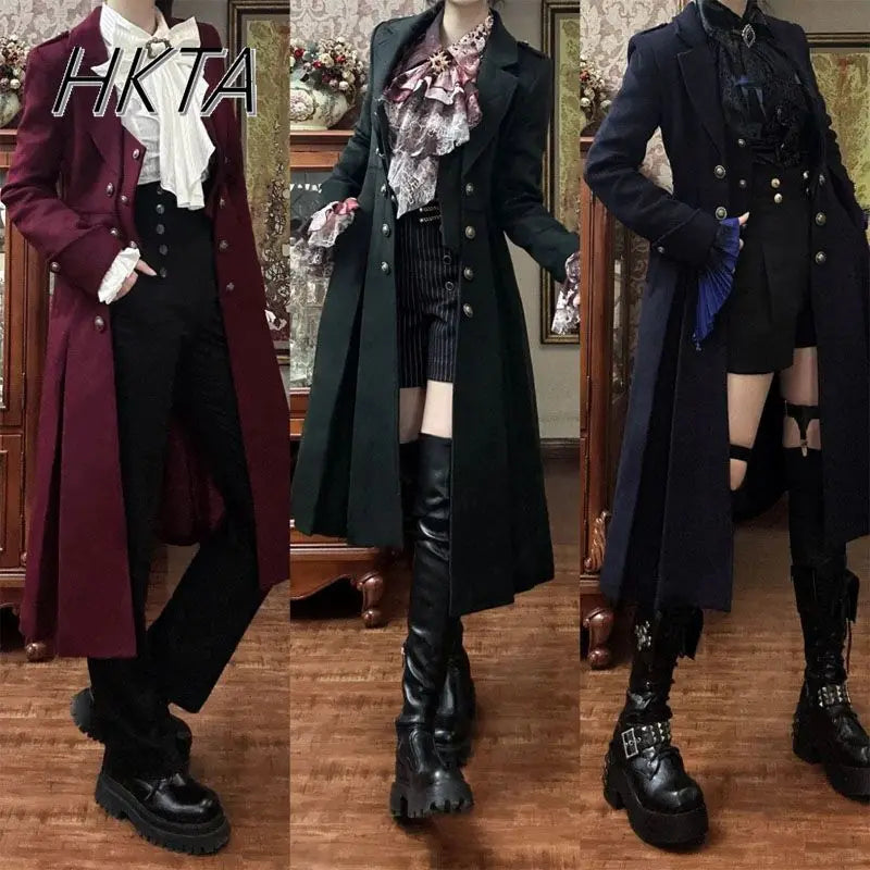 British Style Retro Dark Goth Handsome Black Trench Coat Women Girls Lolita Fake Two Vest White Coats Jacket Y2k Cosplay Clothes