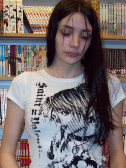 Women's Y2K Anime Streetwear O-Neck 90s Text Print Top Harajuku Vintage Crop Tee Aesthetic Emo Casual T-Shirt