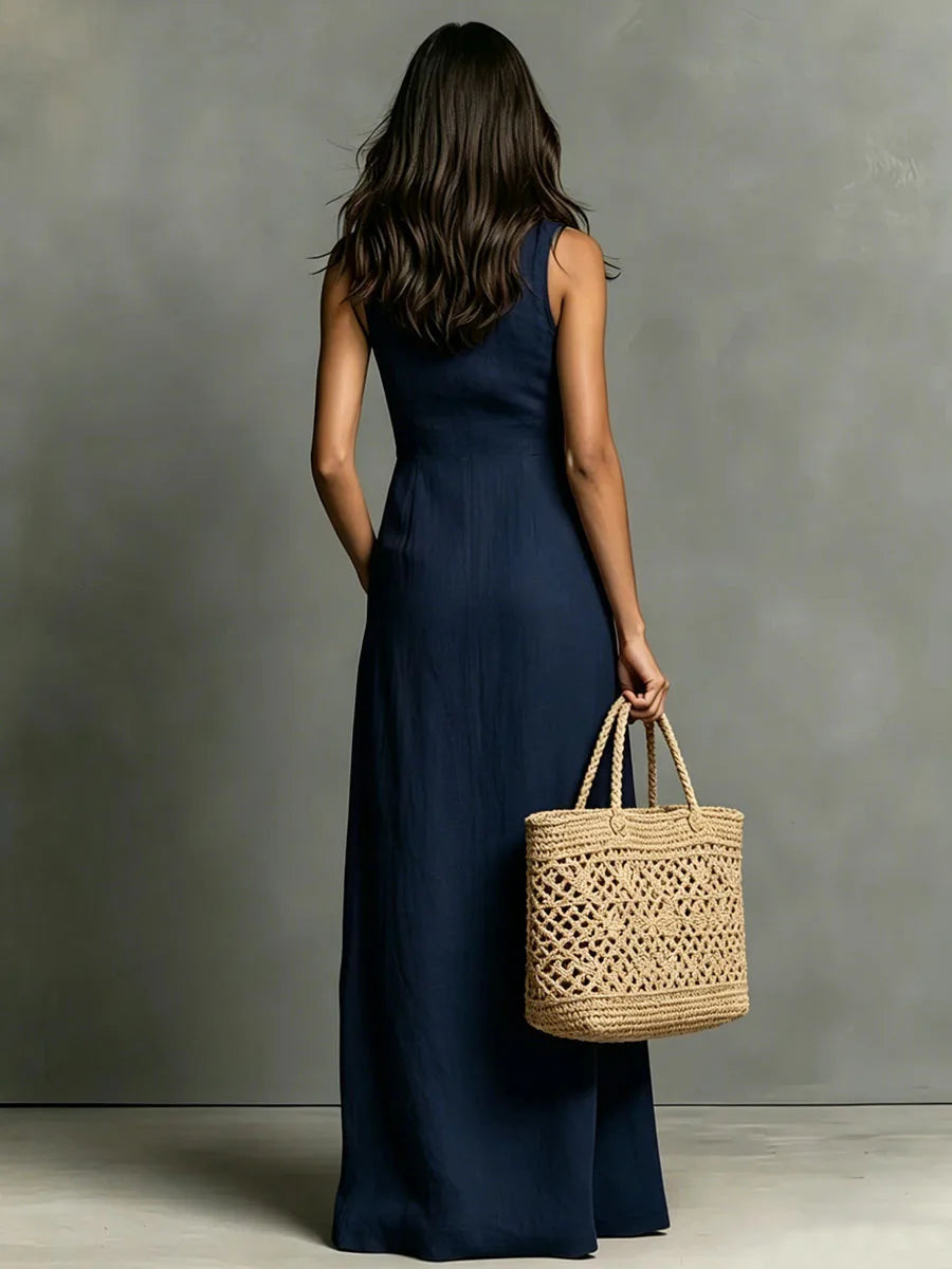 Women Maxi Dress Sleeveless Lapel Collar Button Down Shirt Dress With Pockets Deep V Neck Summer Beach Vacation Long Sundress