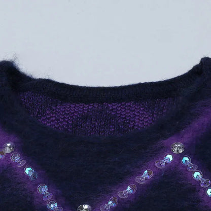 High Quality Color Contrast Diamond Beads Short Pullover Korean Loose Weight Sweater Traf Mohair Winter Women Tops