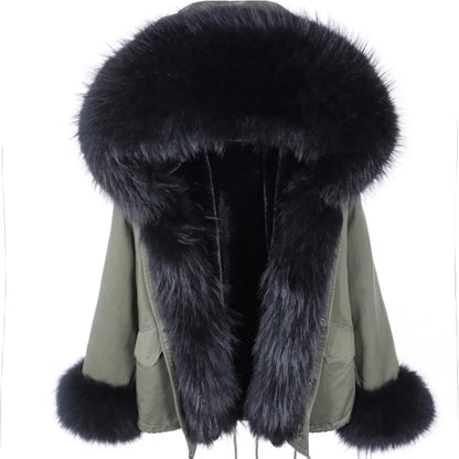 MAOMAOKONG Winter Clothes Women Natural Fur Coat Real Raccoon Fur Collar Parkas Remove Faux Fur Lining Warm Thick Short Jacket