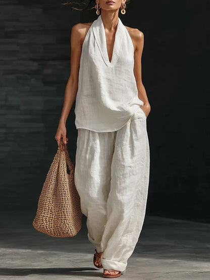 Casual Solid Set For Women Fashion Solid Sleeveless V Neck Tops+High Waist Wide Leg Pants 2 Piece Sets Lady Holiday Women's