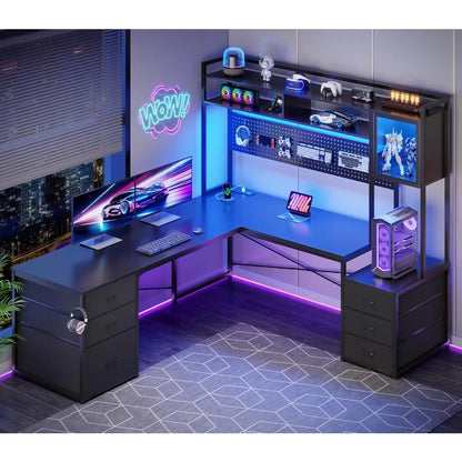 L Shaped Gaming Desk with Drawers, Reversible Computer Corner Desk with File Drawer, Hutch, Storage Shelves for，Customized - Kimlud