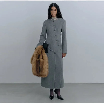 Women's Long Grey Woollen Coat O-neck Full Sleeve Asymmetric Button Design Elegant Silhouette Warm Outerwear 2025 Autumn Coat